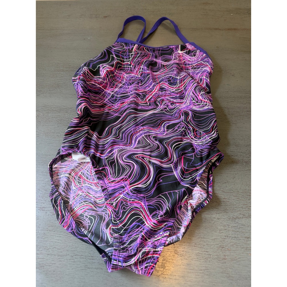 Nike Womens Performance One Piece Swimsuit Size 40 14 Purple Pink Abstract Swirl